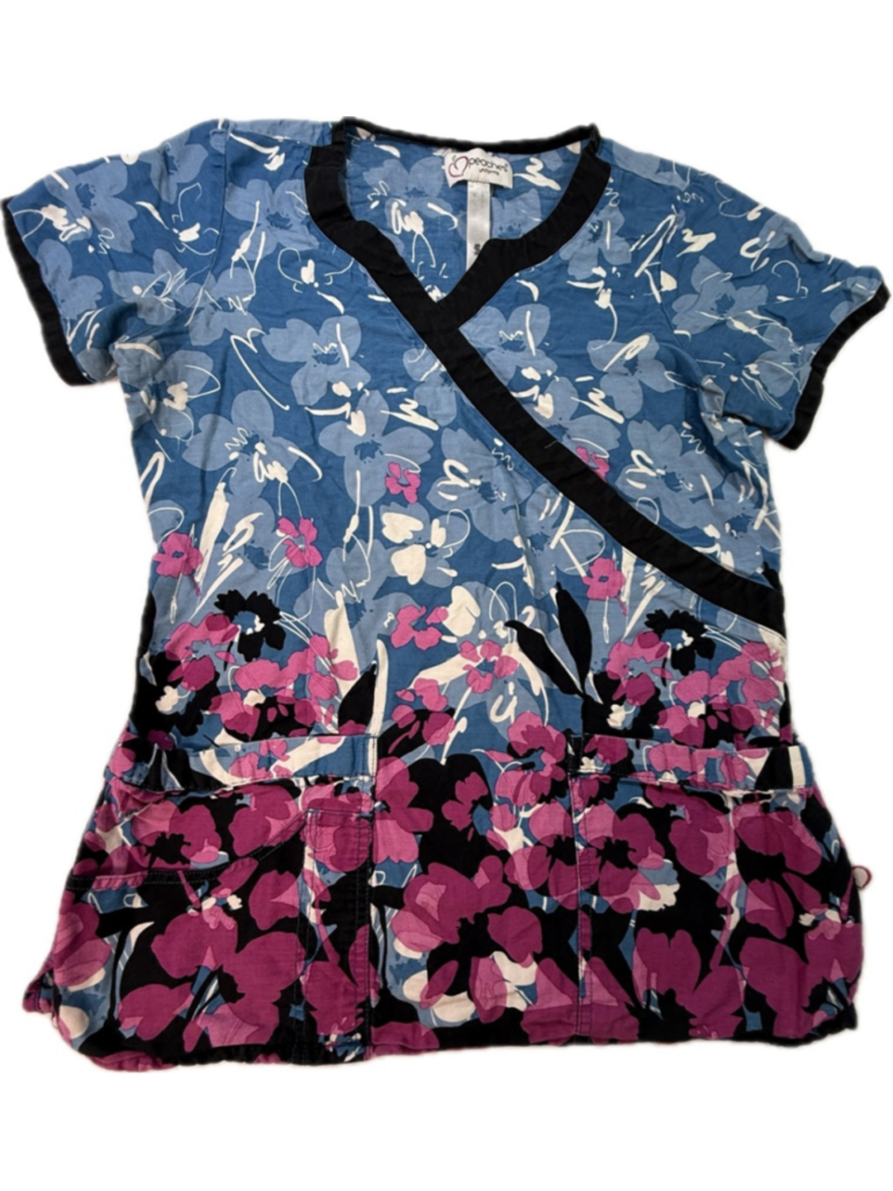 Peaches Uniforms Floral Scrub Top Women’s Small Blue Pink Wrap Style Nurse Shirt